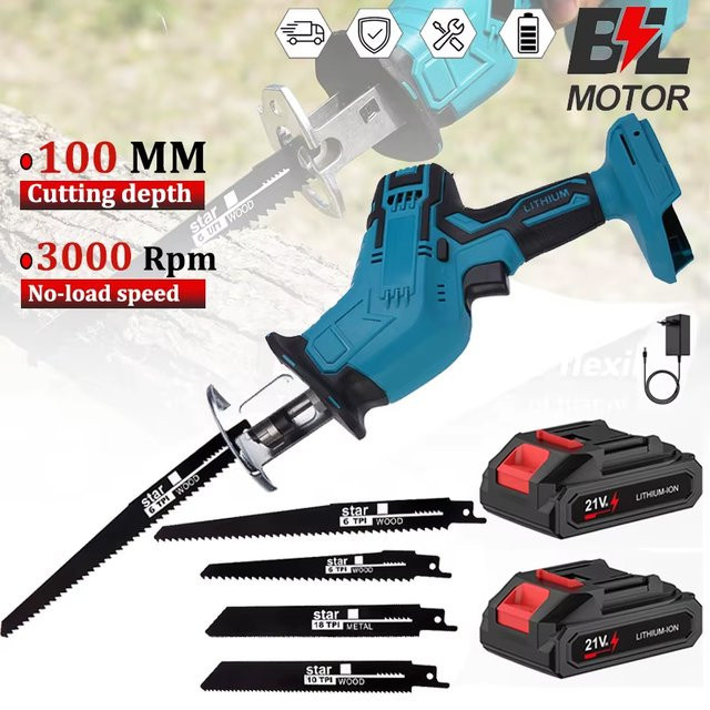 TKKEACE Kabellose Elektrische Säbelsäge in Blau, kompatibel mit Makita LXT Akkus, 3000 U/min mit variabler Geschwindigkeit für Metall- und Holzschnitte - Bild 1