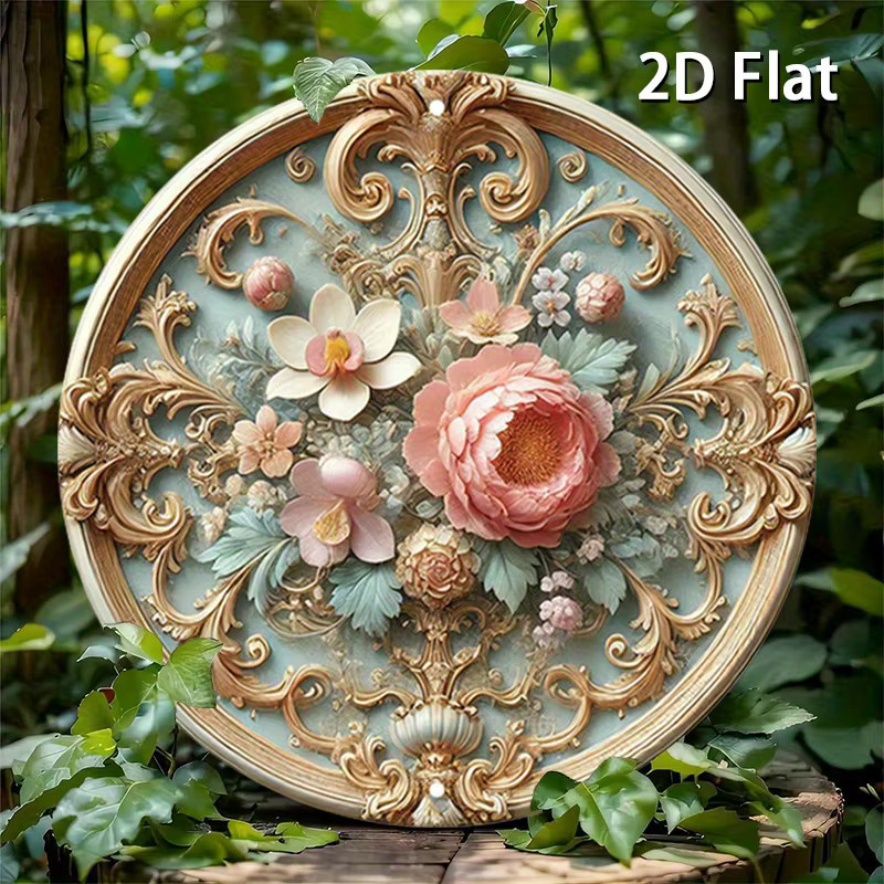 Potdemiel Vintage Wandkunst aus Aluminium mit Pfingstrosen und Blumenmuster in Gold und Pink, rund, Durchmesser: 20 cm - Bild 2
