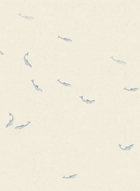 Sandberg Mural Hav Tapete mit Fischmotiv in Misty Blue und Cream, Skandinavisches Design, Vlies - Bild 1