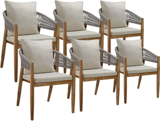 tectake Gartenstuhl Manacor aus lasiertem Akazienholz mit Ropedesign und Greige Polsterauflagen, 6er Set - Bild 2