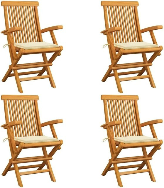 vidaXL Gartenstühle Set aus Teak Massivholz mit beige Kissen, 4er Set stapelbar - Bild 1