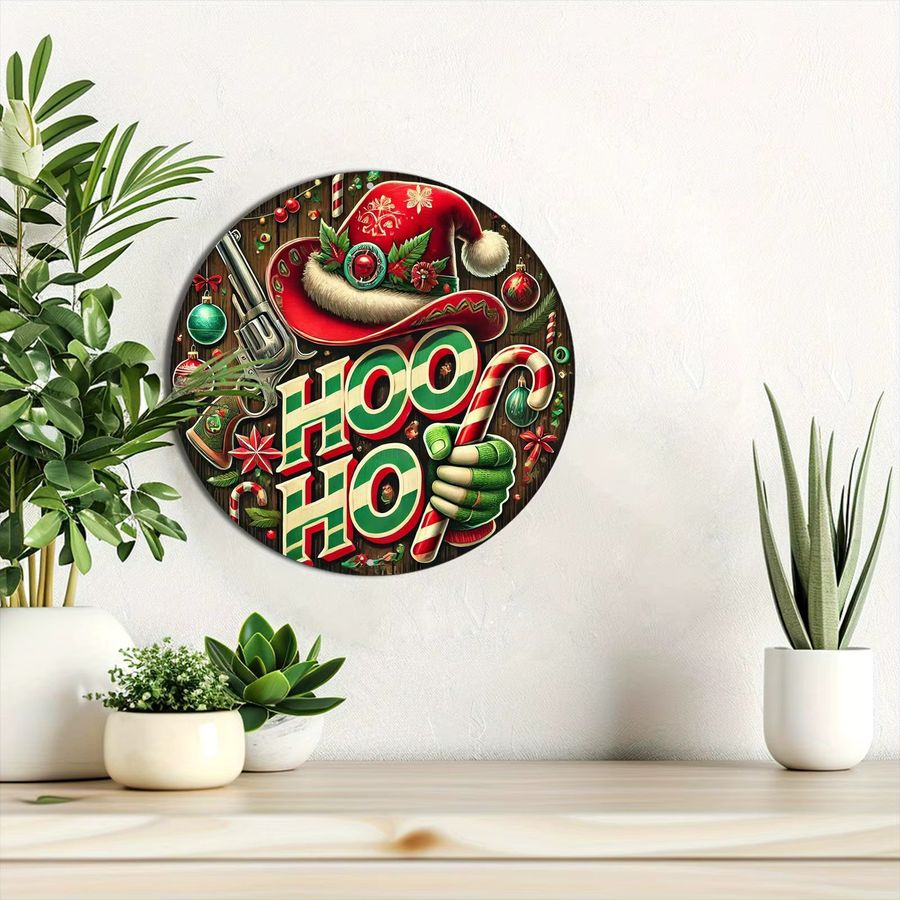 Potdemiel Rundes Kranzschild im Vintage-Stil mit HO HO-Thema, Weihnachtsmütze und Bonbons, Wanddekoration aus Aluminium und Metall, Multicolor, Durchmesser: 20,32 cm - Bild 4