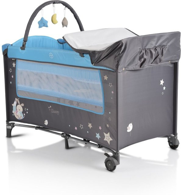 Moni Reisebett Sleepy mit Rollen, Wickelauflage, Matratze und Spielbogen in Grau-Blau - Bild 1