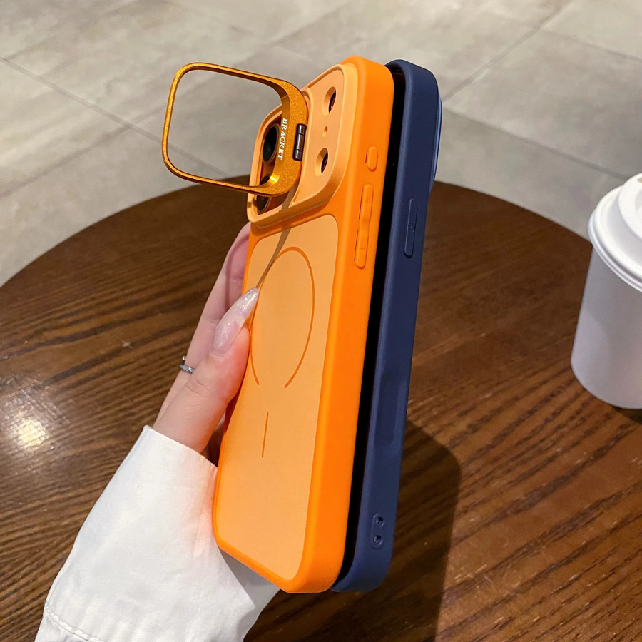 Magnetische Hit-Color Metall-Objektivhalterung für MagSafe Hüllen, faltbare Kamera-Abdeckung für iPhone 11 bis iPhone 17 Pro Max Plus, in Braun oder Orange - Bild 2