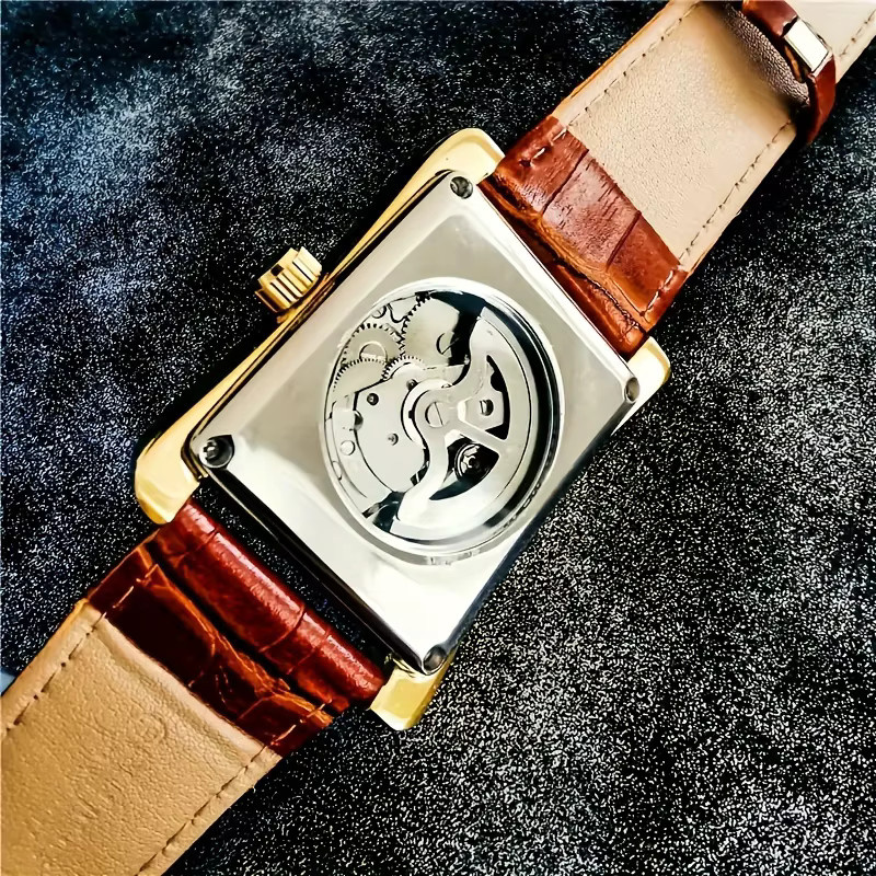 AOKULASIC Armbanduhr, mechanisch, Eckig, Gold, Leder, Herren - Bild 2