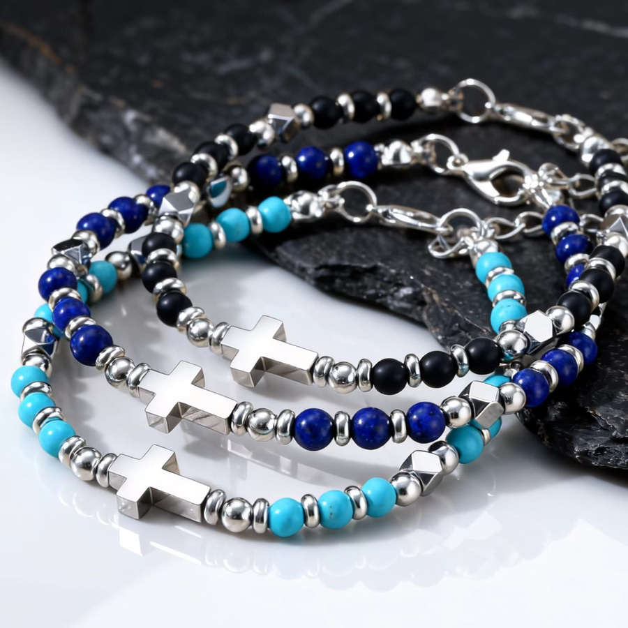 Herren-Armband Natursteinperlen, Bohemian-Kreuzanhänger, Silber - Bild 3