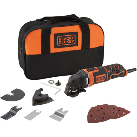 Black+Decker Multifunktions-Werkzeug MT300SA2 in Schwarz-Orange mit Segmentklinge, Schaber, Schleifpad und Adapter