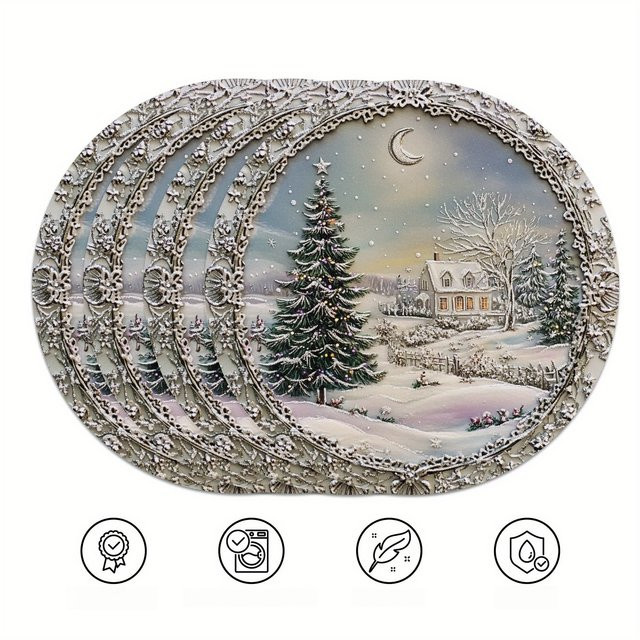 VIKAMA 4-teiliges Tischset Weihnachts-Schneeszene für deine Feiertags-Tischdekoration - Bild 1