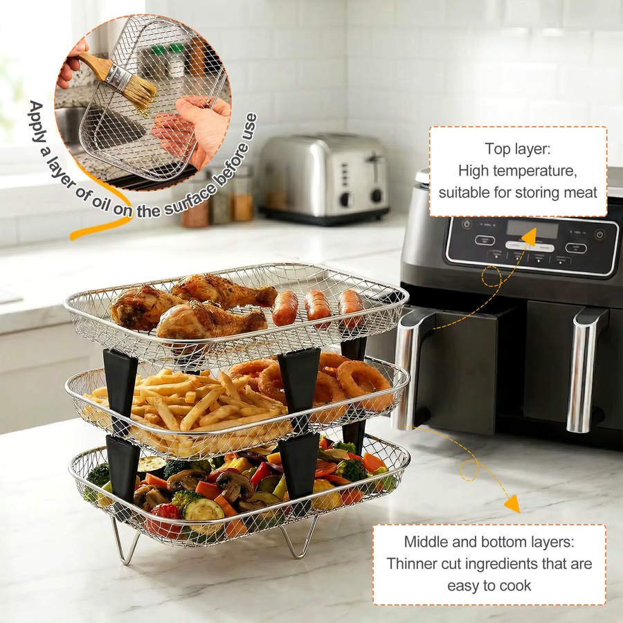 Willstar 3-teiliges stapelbares Luftfritteusen-Gestell aus Edelstahl in Silber mit antihaftbeschichtetem Grillkorb und Dehydrator-Korb - Bild 5