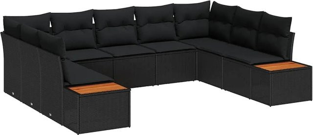 vidaXL 9-teiliges Gartensofa-Set aus Polyrattan und Akazie in Schwarz mit Kissen und Stauraum - Bild 1