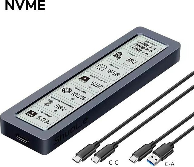 Kebidumei M.2 NVMe SATA SSD Gehäuse mit Display, Duales Protokoll, USB 3.2 Gen 2 10Gbps Adapter für NVMe PCIE und NGFF SATA, Schwarz - Bild 1