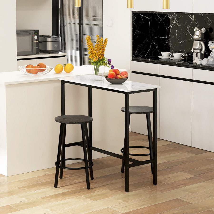 HOMCOM Bartisch Set mit 2 Barhockern in Marmoroptik, 3-teilige Essgruppe für Küche und Essbereich, Weiß und Schwarz, B: 100 cm, T: 40 cm, H: 90 cm - Bild 2