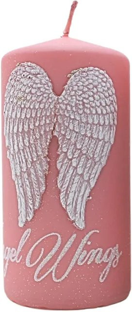 Dekohelden24 Stumpenkerze mit weißen Engelsflügeln als Kommunionkerze oder Grabkerze in Pink und Weiß, H x B: 13 x 6 cm - Bild 1