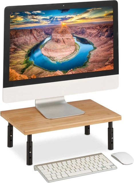 Relaxdays Monitorständer aus Bambus und Edelstahl in Schwarz und Natur, höhenverstellbar, B/T/H: 42 x 26,5 x 16 cm - Bild 1