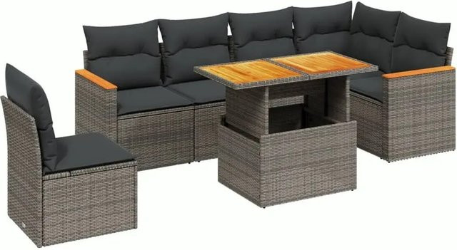 vidaXL 7-tlg. Garten-Sofagarnitur in L-Form aus grauem Poly-Rattan mit Kissen und Akazienholz - Bild 1