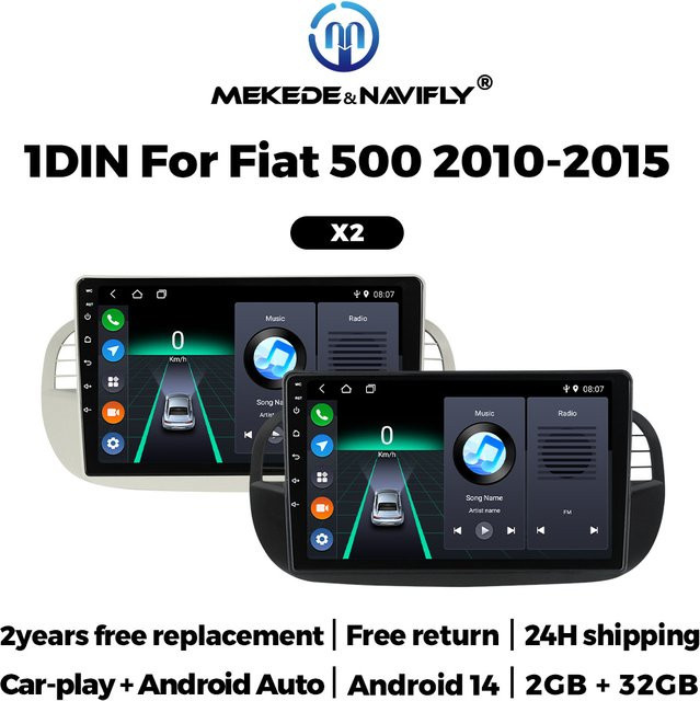 NAVIFANS Multimedia Autoradio mit 9 Zoll IPS Display für FIAT 500 Abarth 2007 - 2015, Drahtloses CarPlay und Android Auto, GPS, Bluetooth, FM Stereo, Schwarz - Bild 1