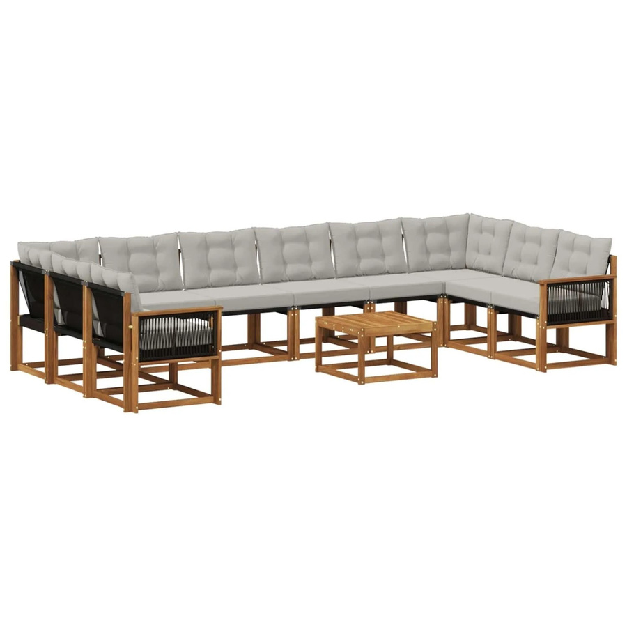 vidaXL Outdoor-Sofagarnitur aus Massivholz Akazie mit Textilene Stoff und Kissen, 11-teilig, Natur und Hellgrau - Bild 2