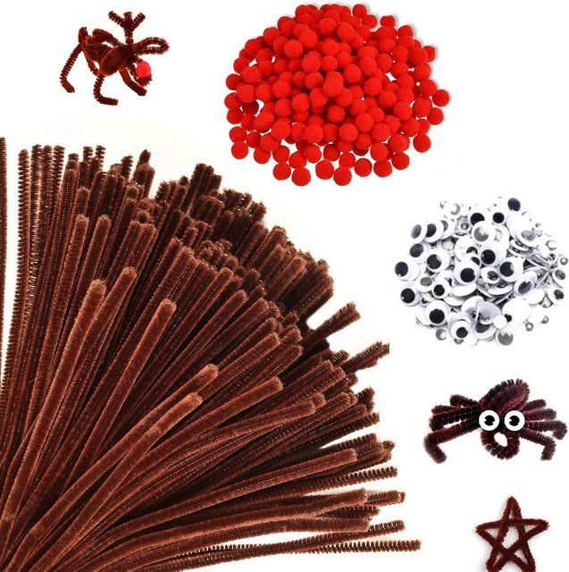 300-teiliges Bastelset mit braunen Chenille-Stielen, roten Pompons und Wackelaugen in Braun und Rot - Bild 1