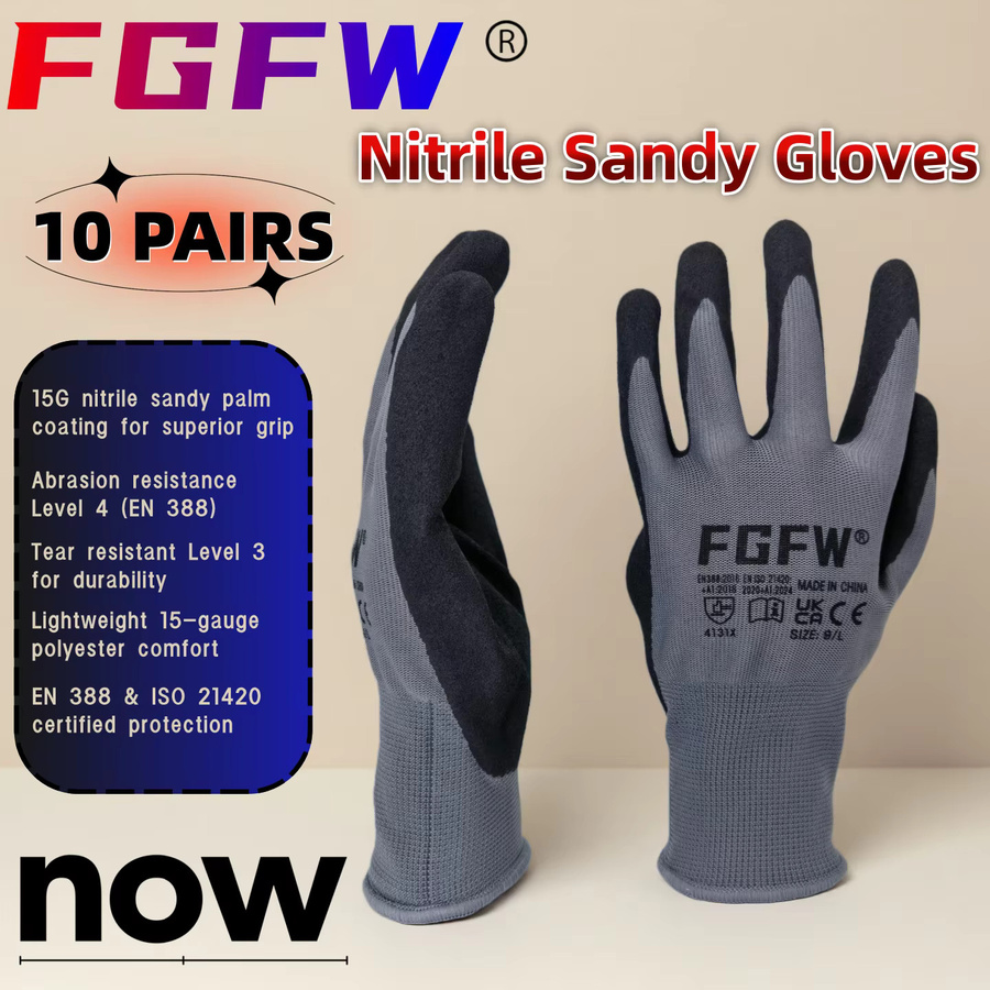 FGFW 10 Paar Arbeitshandschuhe aus Nitrilschaum in Grau, EN388 Level 4 Mechanikerhandschuhe für Industrie und Autoreparatur - Bild 3