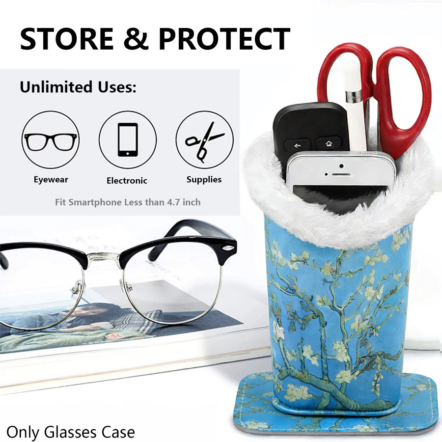 Brillenhalter aus PU-Leder mit Plüschfutter und Magnetfuß von cabecade in Blau, ideal als Make-up-Pinselhalter, Sonnenbrillenständer oder Handy-Ständer - Bild 2