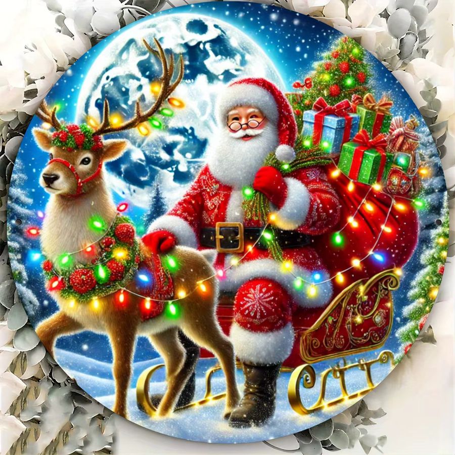 Rundes Metallschild Potdemiel mit Weihnachts-Rentier-Szene in Multicolor, Durchmesser: 20,3 cm - Bild 3