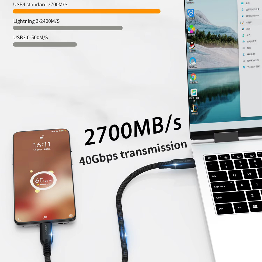 UGOURD Thunderbolt 4 USB4-Kabel Typ-C in Schwarz mit 40 Gbit/s Datenübertragung und 240 W Schnellladefunktion für Laptop und SSD - Bild 2