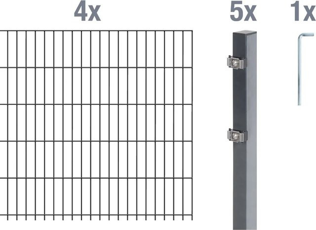 Metallzaun Doppelstabmatte Grund-Set aus Stahl, anthrazit beschichtet, Höhe: 80 cm, Breite: 4 m, Tiefe: 2 m - Bild 1