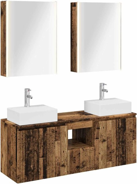 vidaXL Badezimmerschrank-Set aus Holz in Braun mit LED-Spiegelschrank und Waschtischunterschrank im modernen Design - Bild 1