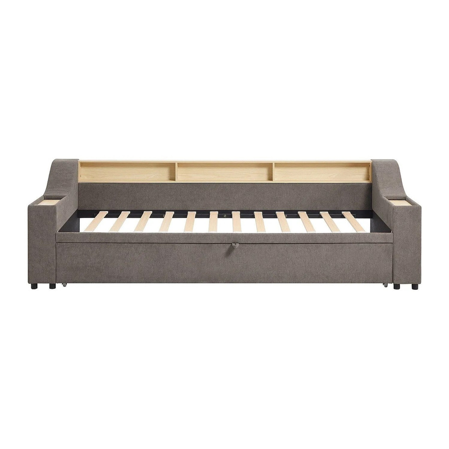 Modernes Bettgestell Oravaya in Taupe mit USB-Ladeport und Schubladen aus Stoff und MDF - Bild 2
