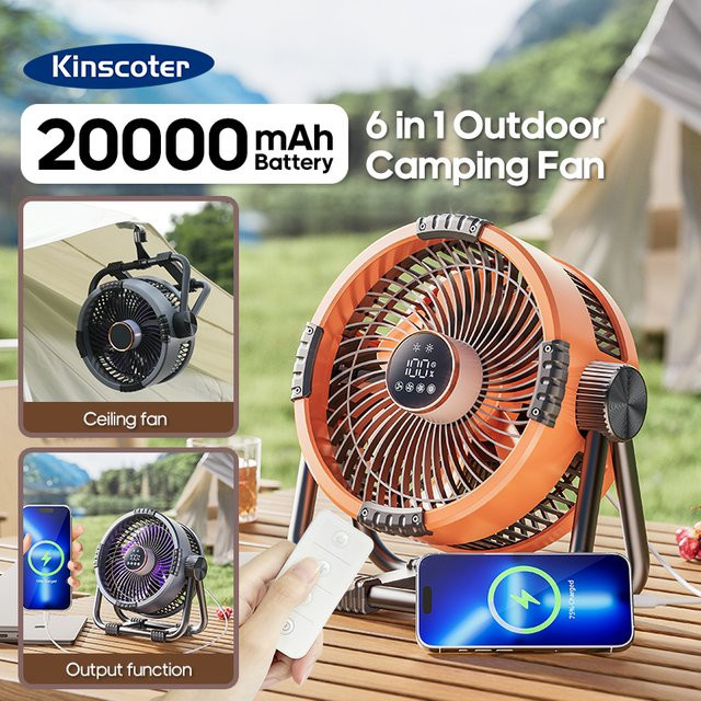 Kinscoter 6-in-1 Outdoor-Campingventilator in Orange mit 20000mAh Akku, LED-Beleuchtung und Powerbank-Funktion - Bild 1