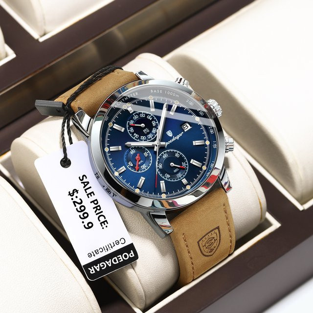 POEDAGAR Chronograph, Quarz, Leder, Blau, Herren - Bild 1