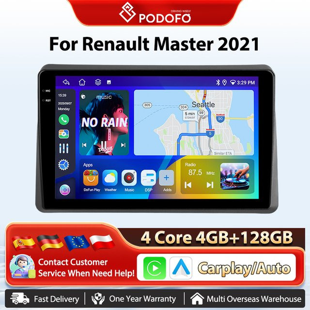 Podofo Android Auto-Multimedia-Player für Renault Master mit 10 Zoll Display, CarPlay, GPS, WIFI und KI-Sprachsteuerung in Schwarz - Bild 1