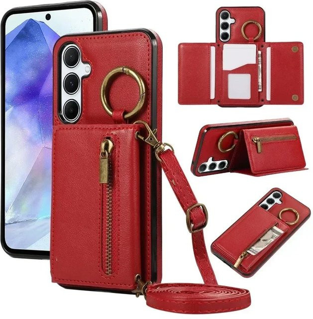 Crossbody-Kartenhalter und Brieftaschenetui aus Leder für Samsung Galaxy S25 Ultra S24 S23 FE S22 S21 Plus A06 A26 A16 A36 A56 A35 A55 in Rot - Bild 1