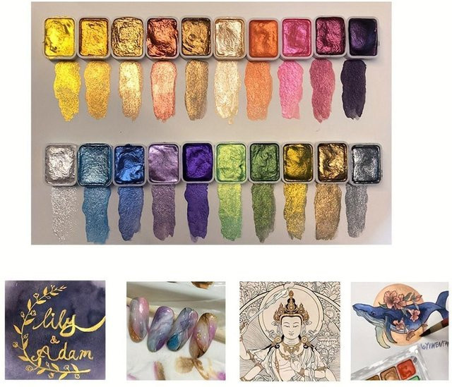 Aquarell-Malset mit 20 Farben in einer tragbaren Metallbox inklusive glitzernden Perlen für DIY-Nagelkunst und künstlerische Gestaltungen in Multicolour - Bild 1