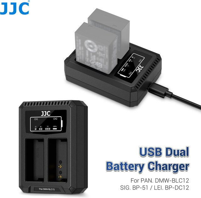 JJC Dual-Akkuladegerät in Schwarz für Panasonic Lumix G7 G6 G5 GH2 GX8 G85 G95 und Sigma BP-51 sowie Panasonic DMW-BLC12 Akkus - Bild 1