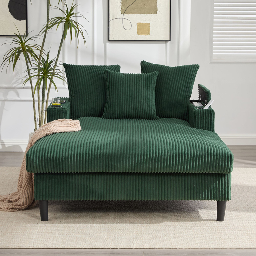 GOMYWAY Home Multifunktionale Cord-Chaiselongue in Grün mit beidseitigen Getränkehaltern und klappbarer Armlehne, B/T/H: 129 x 170 x 70 cm - Bild 2