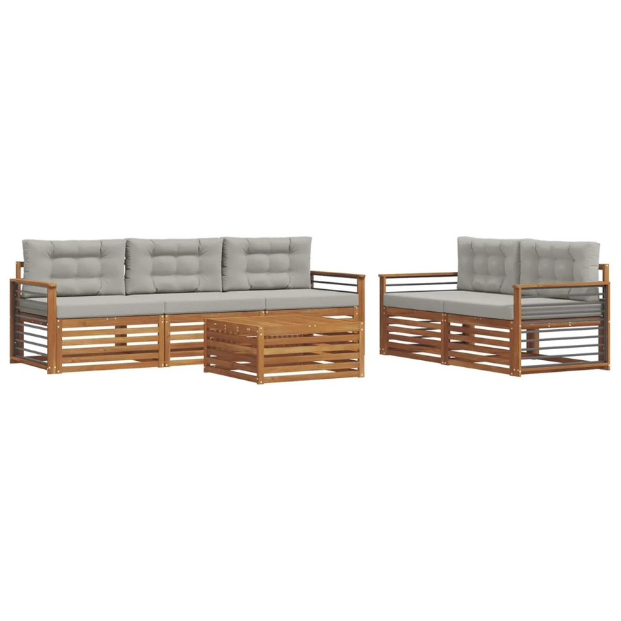 vidaXL Outdoor-Sofagarnitur 6-teilig aus Akazienholz mit Kissen in Natur und Grau - Bild 2
