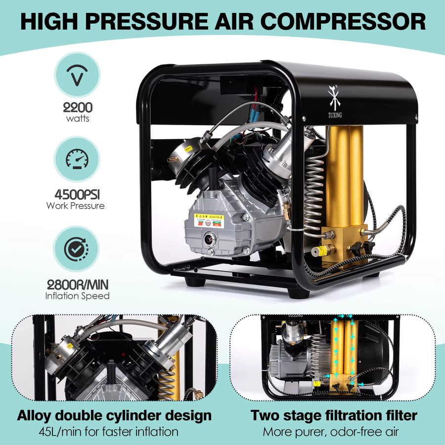 TUXING PCP Luftkompressor Hochdruck 300 Bar 4500 Psi Tauchkompressor mit eingebautem Filter und Auto-Stopp für 6,8l Tauchflaschen in Schwarz - Bild 4