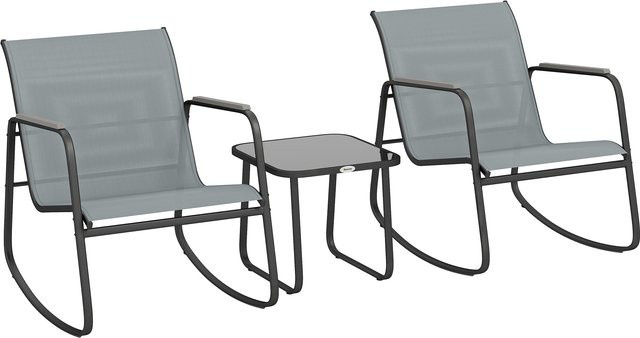 Outsunny 3-teiliges Terrassen-Set in Grau mit 2 Schaukelstühlen und Tisch mit Glasplatte und Stahlgestell - Bild 1