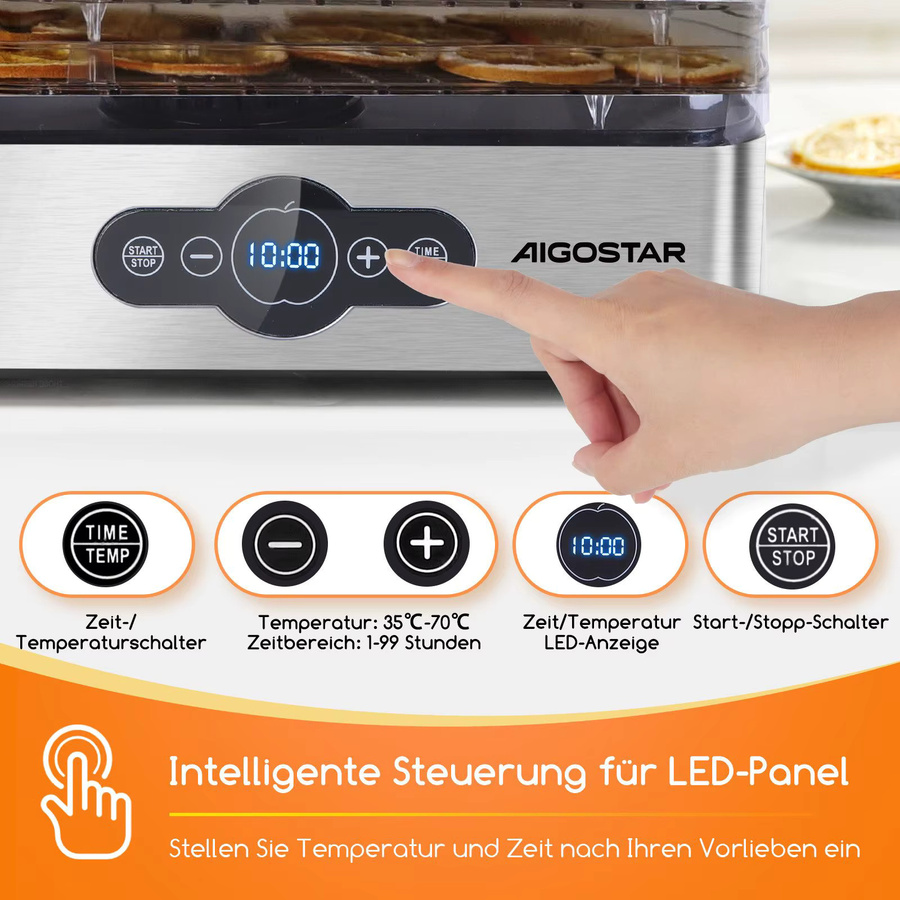 Aigostar Crispy Lebensmitteltrockner mit 240W und 5 Tabletts sowie digitaler Steuerung zur Trocknung von Obst, Fleisch und Gemüse - Bild 3