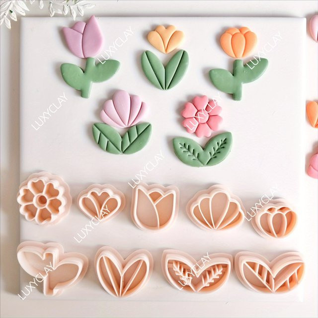9-teiliges Set aus geprägten Polymer-Tonformen mit Frühlingsblumen und Blättern zur Herstellung von Ohrringen und Schmuck - Bild 1