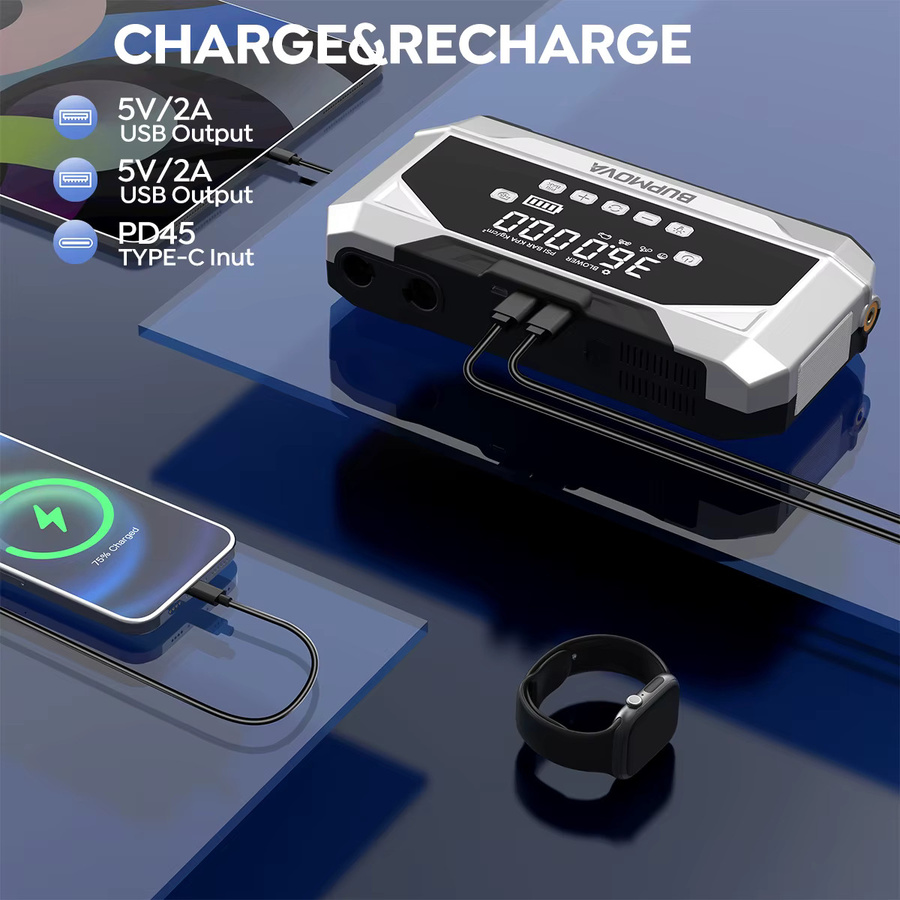 BUPMOVA Powerbank mit 26800mAh und 1500A Starthilfe, tragbarer Auto-Booster mit LED-Taschenlampe für Benzin- und 10L-Dieselmotoren, Schwarz - Bild 4