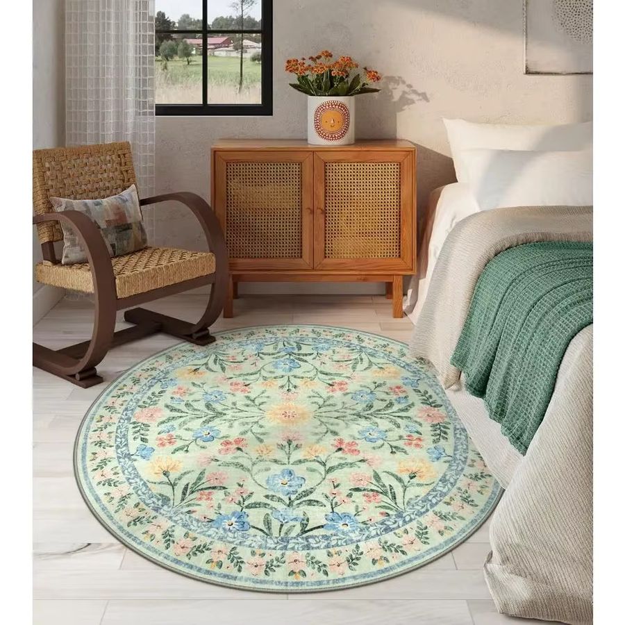 VIKAMA Runder Teppich mit Vintage-Blumenmuster im Mid-Century-Stil, wasser- und ölbeständig - Bild 2