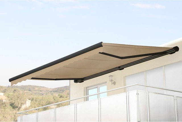 Elektrische Kassetten-Markise H124 mit Volant in Creme und Anthrazit, B/T: 5 x 3 m - Bild 1