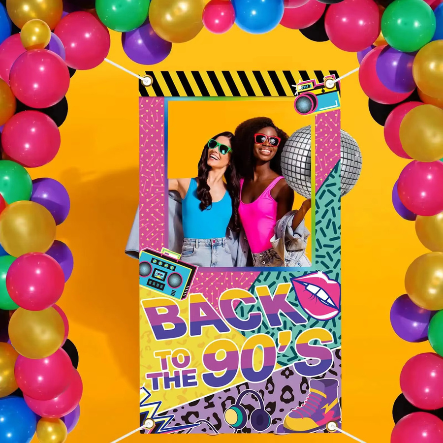 OURFETE Fotobox-Rahmen Retro 90er Jahre Hip-Hop Selfie-Hintergrund mit Boombox und Sneakers, Multicolor - Bild 3
