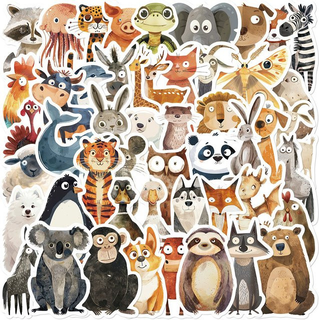 50 Stück Aquarell-Tier-Cartoon-Aufkleber in Multicolour von BulingBulingStickers Store für DIY-Projekte an Laptops, Tagebüchern und Gepäck - Bild 1