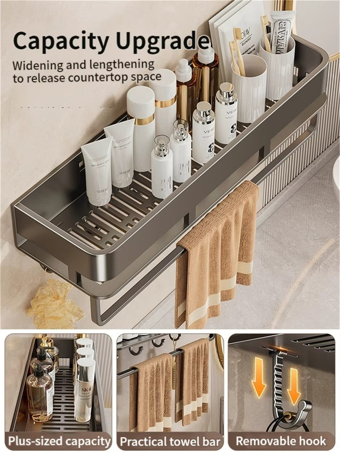 YUNJIEYA Badezimmer-Regal als Eck-Duschregal aus Metall, Wandmontage, Grau/Silber, Matt - Bild 2