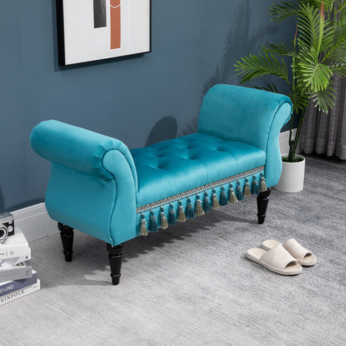 HOMCOM Sitzbank in Samtoptik mit Knopfheftung und Holzbeinen, Blau, B/T/H: 117 x 40 x 58 cm - Bild 2