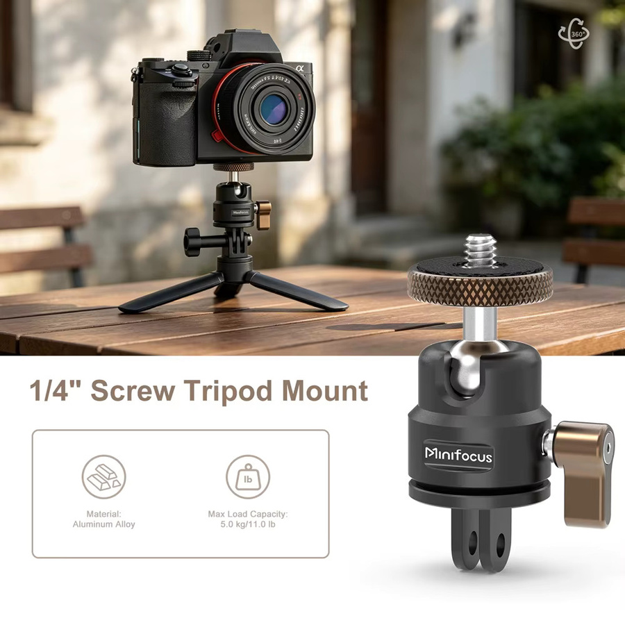 MINIFOCUS Aluminium 360-Grad-Drehkamera-Schwenkhalterung und vertikaler Halterungsadapter in Schwarz für GoPro Hero 13/12/11/10, DJI Action 6/5 Pro/4 und Sony - Bild 3