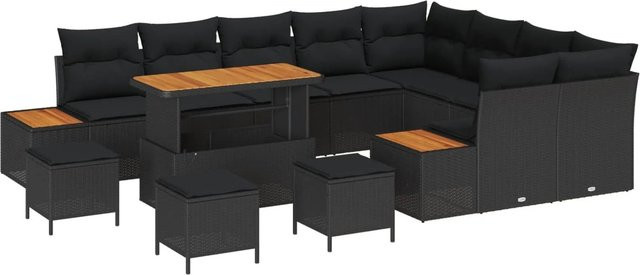 vidaXL Gartensofa-Set aus Polyrattan in Schwarz mit Kissen, Eckelement, Ottoman und Couchtisch - Bild 1
